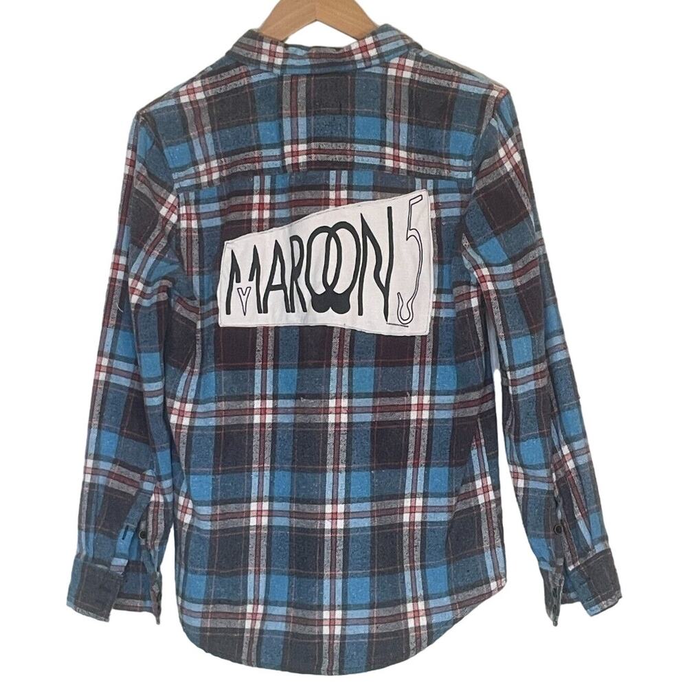 Upcycled Maroon 5 Band Reworked Blue Gray Flannel Shirt Size Small